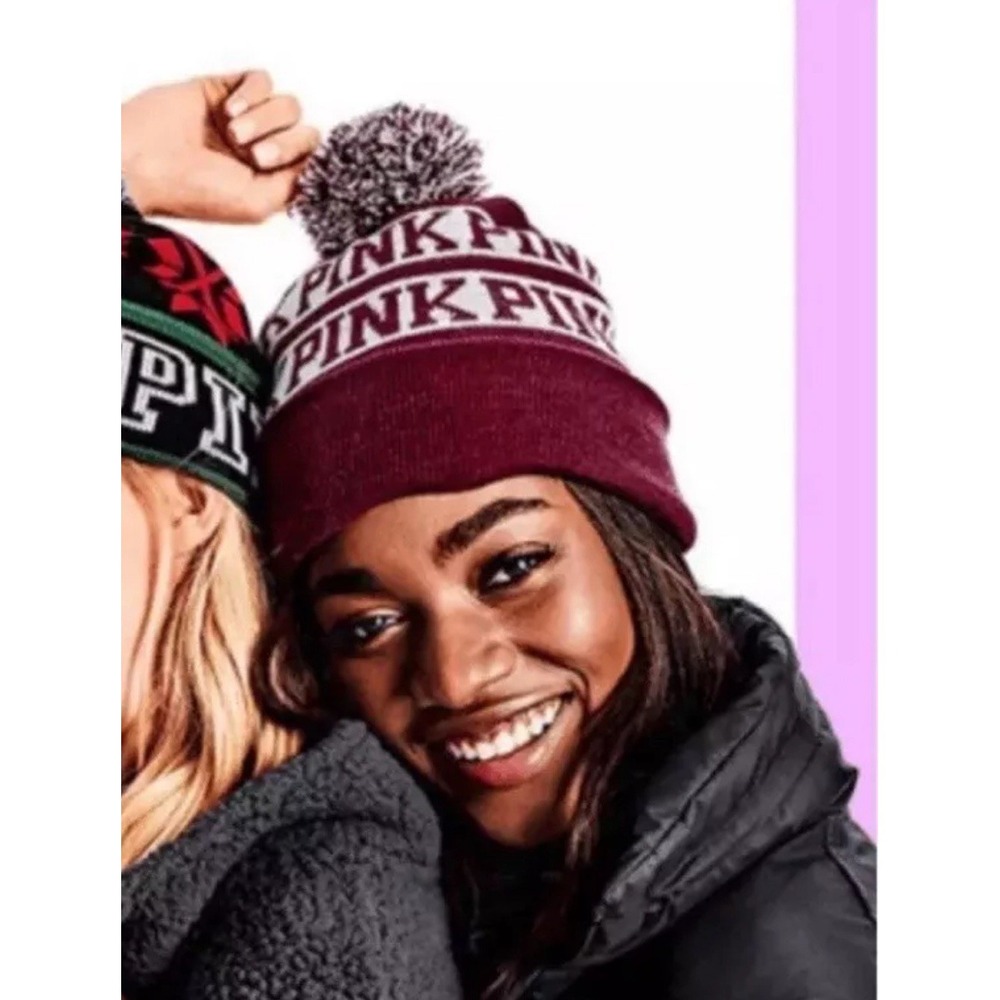 Pink Victoria Secret Womens Beanie Toboggan Cap Pom Striped Winter Hat Burgundy